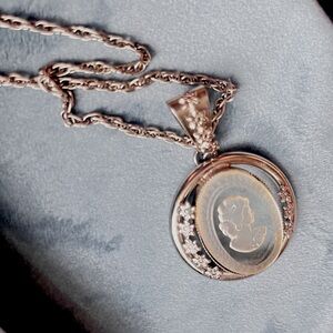 Antique Statement Glass Carved Relief Intaglio Cameo Pendant w/ Chain SilverTone